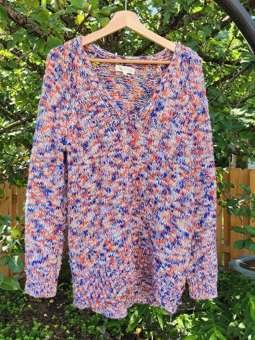 Lou & Grey For LOFT Sz M Blue Red White Metallic Melange Chunky Sweater